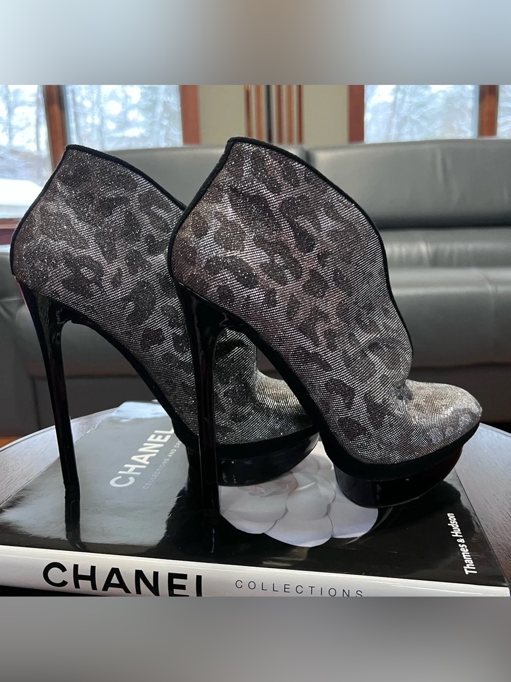Brian Atwood Black+ Silver Leopard Booties Sz 6